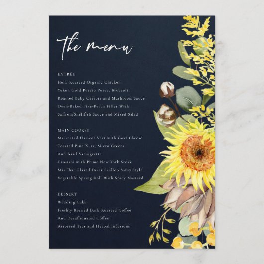 NAVY SUNFLOWER EUCALYPTUS WATERVERF FLORAL MENU (Voorkant)