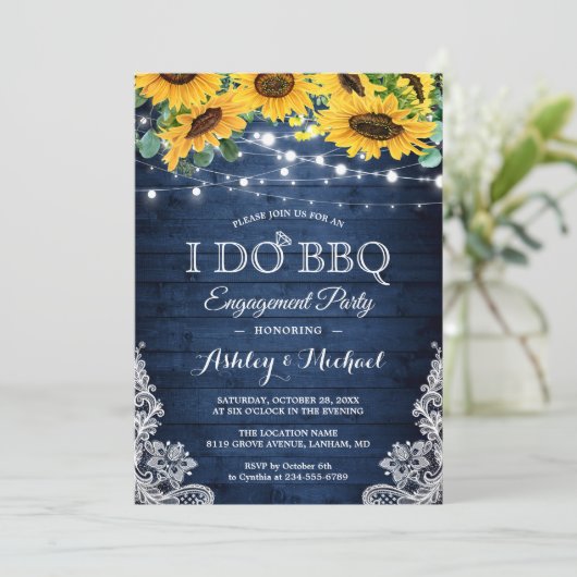 Navy Sunflower Lights I DO BBQ Engagement Party Kaart (Staand voorkant)