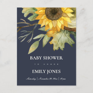 NAVY SUNFLOWER WATERVERF FLORAL BABY SHOWER UITNODIGING BRIEFKAART