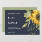 NAVY SUNFLOWER WATERVERF FLORAL WEDDING INVITE BEDANKKAART (Voorkant / Achterkant)