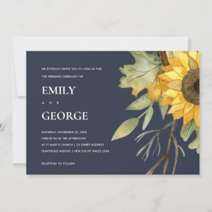 NAVY SUNFLOWER WATERVERF FLORAL WEDDING INVITE BEDANKKAART