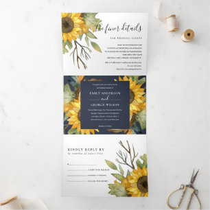 NAVY SUNFLOWER WATERVERF FLORAL WEDDING INVITE DRIELUIK UITNODIGING