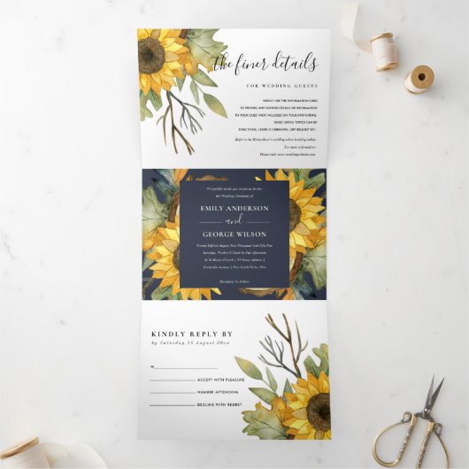 NAVY SUNFLOWER WATERVERF FLORAL WEDDING INVITE DRIELUIK UITNODIGING (Binnen)