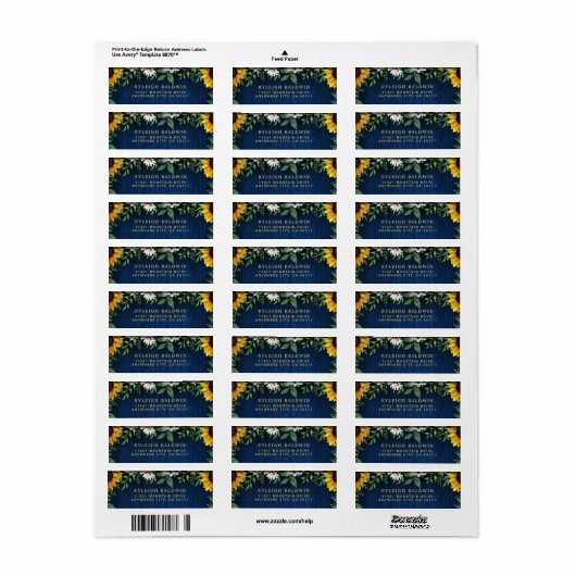 Navy Sunflower Wedding Return Address Label (Full Sheet)