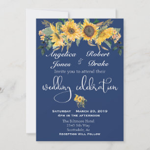 Navy Sunflower Yellow Modern Elegant Wedding Kaart