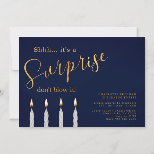Navy Surprise verjaardagsuitnodiging - Elegant gou Kaart (Voorkant)