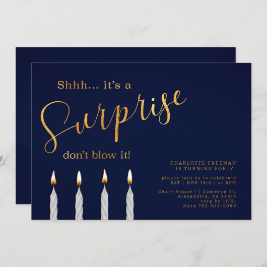 Navy Surprise verjaardagsuitnodiging - Elegant gou Kaart (Voorkant / Achterkant)