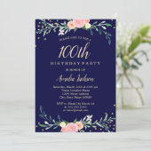 Navy Sweet Floral Sparkle Confetti 100th Birthday Kaart (Staand voorkant)