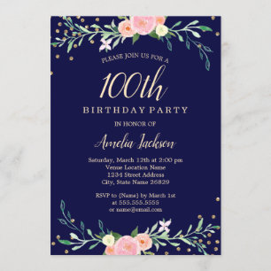 Navy Sweet Floral Sparkle Confetti 100th Birthday Kaart