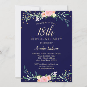 Navy Sweet Floral Sparkle Confetti 18th Birthday Kaart