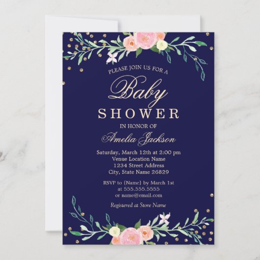 Navy Sweet Floral Sparkle Confetti Baby shower Kaart (Voorkant)
