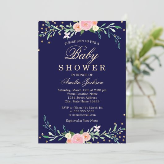 Navy Sweet Floral Sparkle Confetti Baby shower Kaart (Staand voorkant)