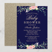 Navy Sweet Floral Sparkle Confetti Baby shower Kaart (Voorkant / Achterkant)