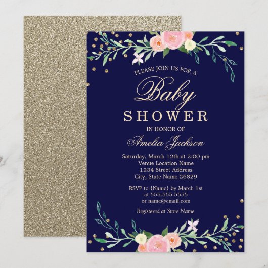 Navy Sweet Floral Sparkle Confetti Baby shower Kaart (Voorkant / Achterkant)