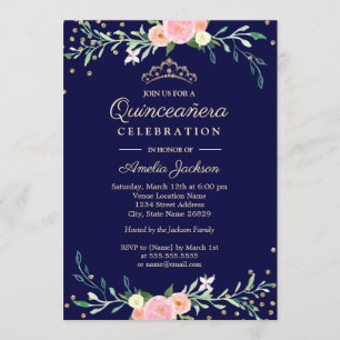 Navy Sweet Floral Sparkle Confetti Quinceanera Kaart