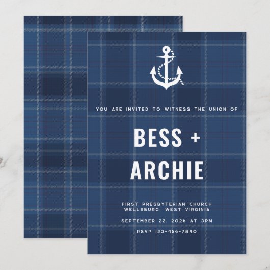 Navy Tartan Invitation Kaart (Voorkant / Achterkant)