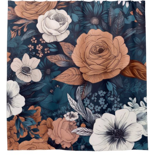 Navy & Taupe Boho Floral Print Douchegordijn (Voorkant)