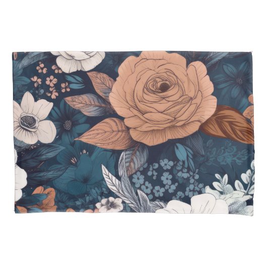 Navy & Taupe Boho Floral Print Kussensloop (Voorkant)