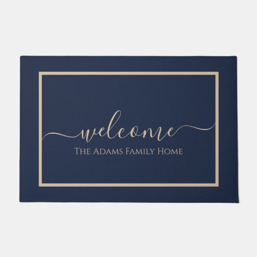 Navy Taupe Elegante Script Familienaam Welkom Deurmat (Voorkant)