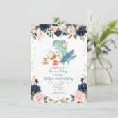 Navy Tea Party Dinosaur 3rd Birthday Invitation Kaart (Staand voorkant)