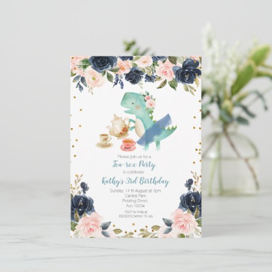 Navy Tea Party Dinosaur 3rd Birthday Invitation Kaart (Staand voorkant)