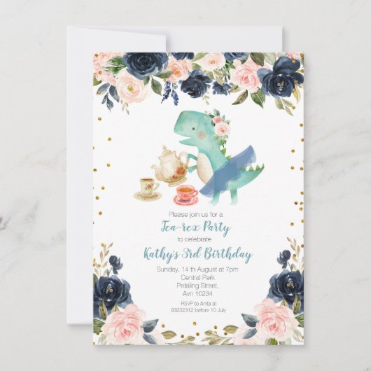 Navy Tea Party Dinosaur 3rd Birthday Invitation Kaart (Voorkant)