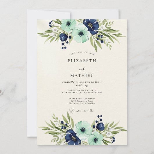 Navy Teal Opulent Botanical Wedding Kaart (Voorkant)