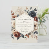 Navy Terracotta Autumnal Bloom Wedding Kaart (Staand voorkant)