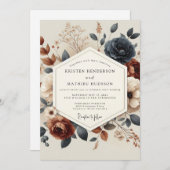Navy Terracotta Autumnal Bloom Wedding Kaart (Voorkant / Achterkant)