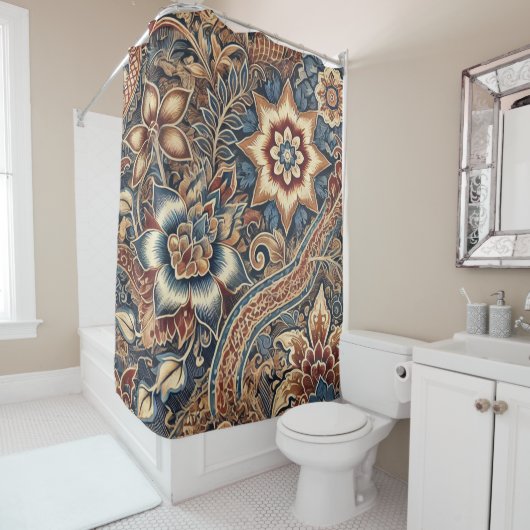 Navy Terracotta Boho Batik Floral Waterverf Douchegordijn (In situ)