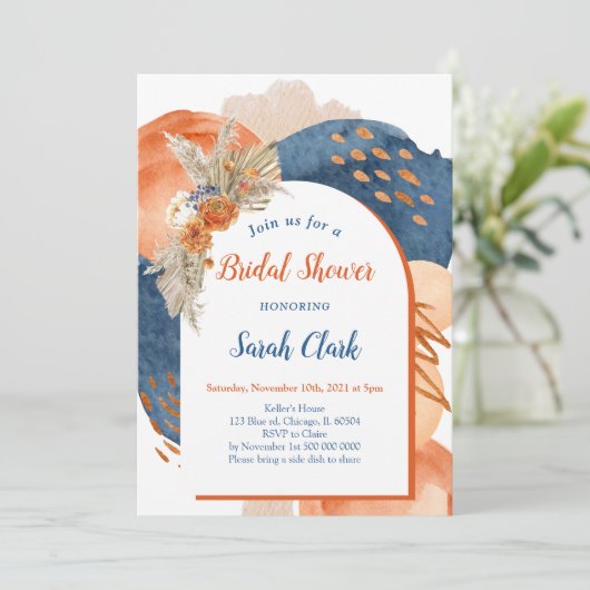 Navy Terracotta Boho Bridal Shower Invitation Kaart (Staand voorkant)