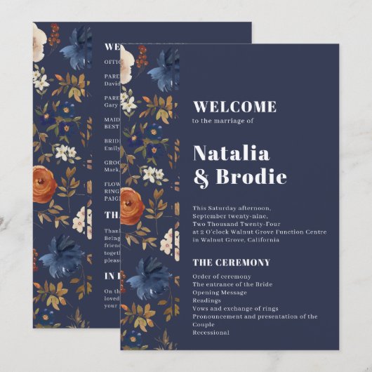 Navy Terracotta Boho Wedding Programme Kaart (Voorkant / Achterkant)