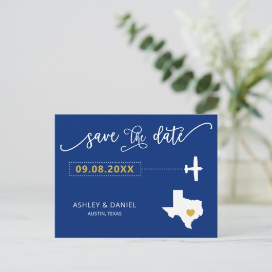 Navy Texas Wedding Save the Date Map Briefkaart (Staand voorkant)