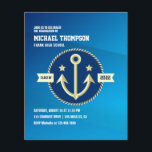 Navy thema Afstudeerfeest Foto uitnodiging Flyer<br><div class="desc">Naval thema afstudeerfeest fotouitnodiging met accenten van wit,  goud en marineblauw aanpasbaar aan uw evenementspecifieke kenmerken. Houd er rekening mee dat deze begrotingsuitnodiging op flyerpapier staat en erg dun is. Enveloppen zijn niet inbegrepen. Voor dikkere uitnodigingen met enveloppen en bijpassende producten over hetzelfde thema,  zie het collectie hieronder.</div>