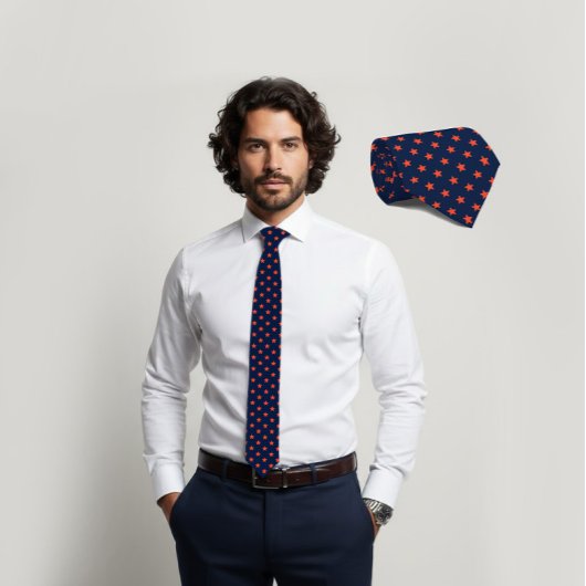 Navy Tie with Carrot-Orange Star Pattern Stropdas