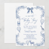 Navy Toile De Jouy Hot Air Balloon Baby shower Boy Kaart (Voorkant / Achterkant)