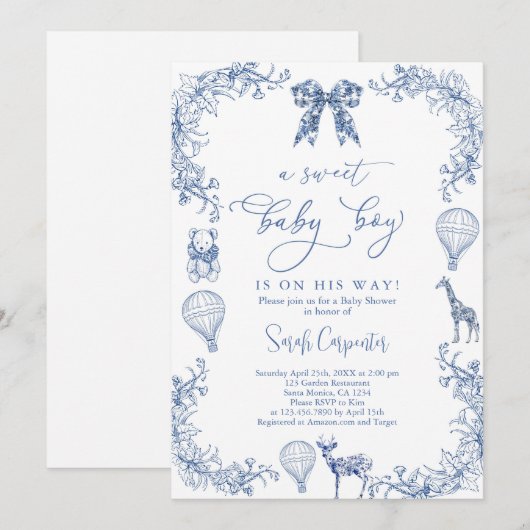 Navy Toile De Jouy Hot Air Balloon Baby shower Boy Kaart (Voorkant / Achterkant)