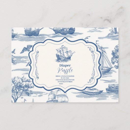 Navy Toile Nautisch Baby shower Diapper Raffle Informatiekaartje (Voorkant)