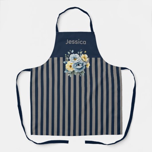 Navy Top met Grijze Strepen Bloemen Schort (Voorkant)