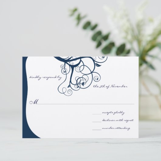 Navy Tree Swirls Wedding RSVP-uitnodigingen RSVP Kaartje (Staand voorkant)