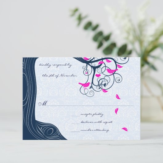 Navy Tree Swirls Wedding RSVP-uitnodigingen RSVP Kaartje (Staand voorkant)