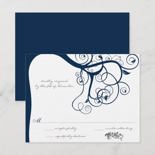 Navy Tree Swirls Wedding RSVP-uitnodigingen RSVP Kaartje (Voorkant / Achterkant)