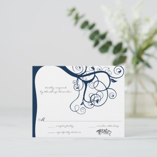 Navy Tree Swirls Wedding RSVP-uitnodigingen RSVP Kaartje (Staand voorkant)
