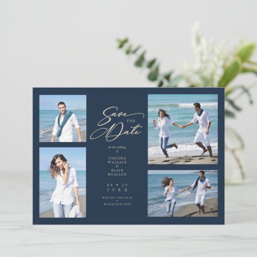 Navy Trendy Collage Wedding Save Date 4 Photos (Staand voorkant)