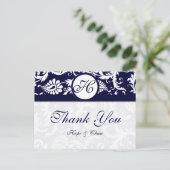 Navy Trim Damask Swirls Dank je Kaarten (Staand voorkant)