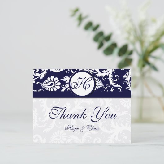 Navy Trim Damask Swirls Dank je Kaarten (Staand voorkant)