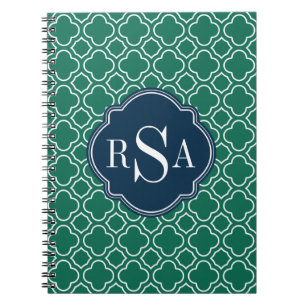 Navy Triple Monogram Emerald Quatrefoil Patroon Notitieboek