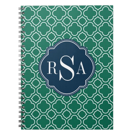 Navy Triple Monogram Emerald Quatrefoil Patroon Notitieboek (Voorkant)