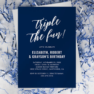 Navy Triple the Fun Verjaardagsuitnodiging Kaart