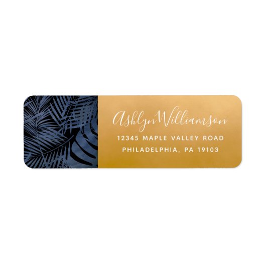 Navy tropical palm leaf modern script gold address etiket (Voorkant)